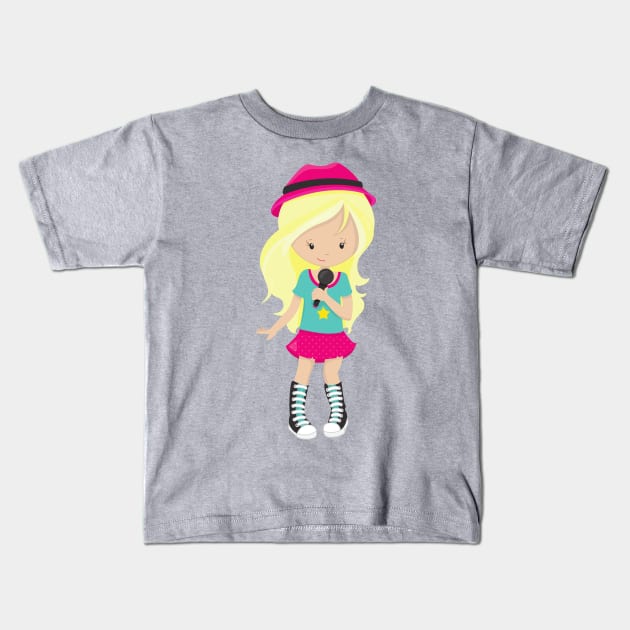 Rock Girl, Blonde Hair, Band Singer, Microphone Kids T-Shirt by Jelena Dunčević